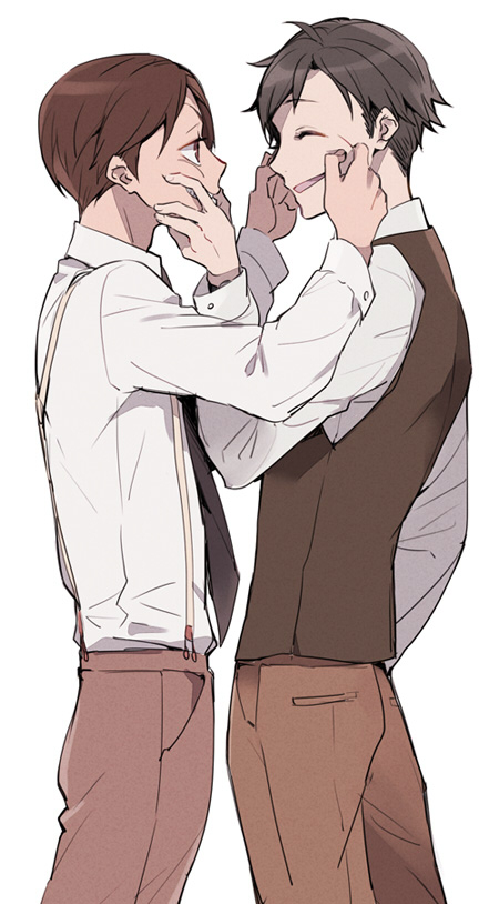 2boys, brown_eyes, brown_hair, cheek_pull, closed_eyes, dress_shirt, formal, hatano_(joker_game)
