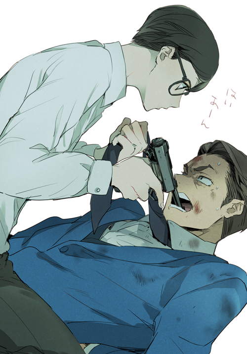 2boys, bangs, brown_hair, bruise, bruise_on_face, dress_shirt, glasses, gun_in_mouth