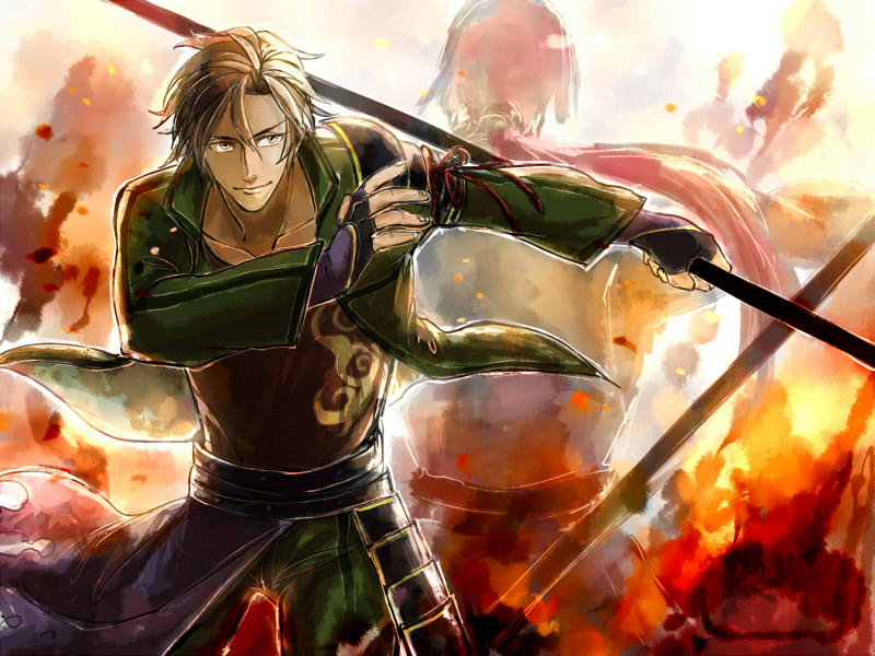 2boys, chorota, holding, holding_weapon, male_focus, multiple_boys, otegine, ponytail