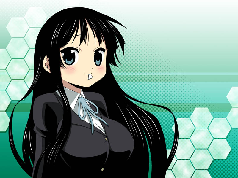 1girl, akiyama_mio, black_eyes, black_hair, breasts, guitar_pick, k-on!, large_breasts, mouth_hold, plectrum, school_uniform, solo, youki_aki, yuuki_akira