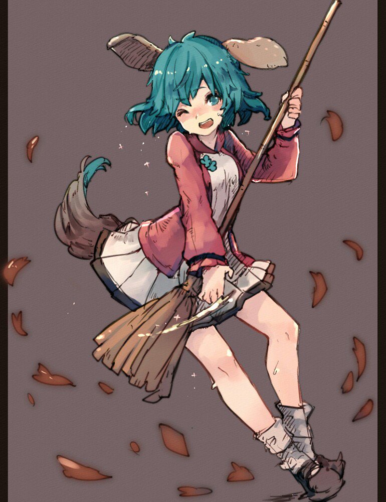 1girl, animal_ears, broom, broom_guitar, chobi_(sakuyasakuhana), green_eyes, green_hair, grey_shoes, kasodani_kyouko, leaf, long_sleeves, looking_at_viewer, one_eye_closed, open_mouth, pillarboxed, pink_shirt, puffy_long_sleeves, puffy_sleeves, shirt, shoes, short_hair, skirt, smile, socks, solo, sweat, tail, touhou, white_legwear, white_skirt