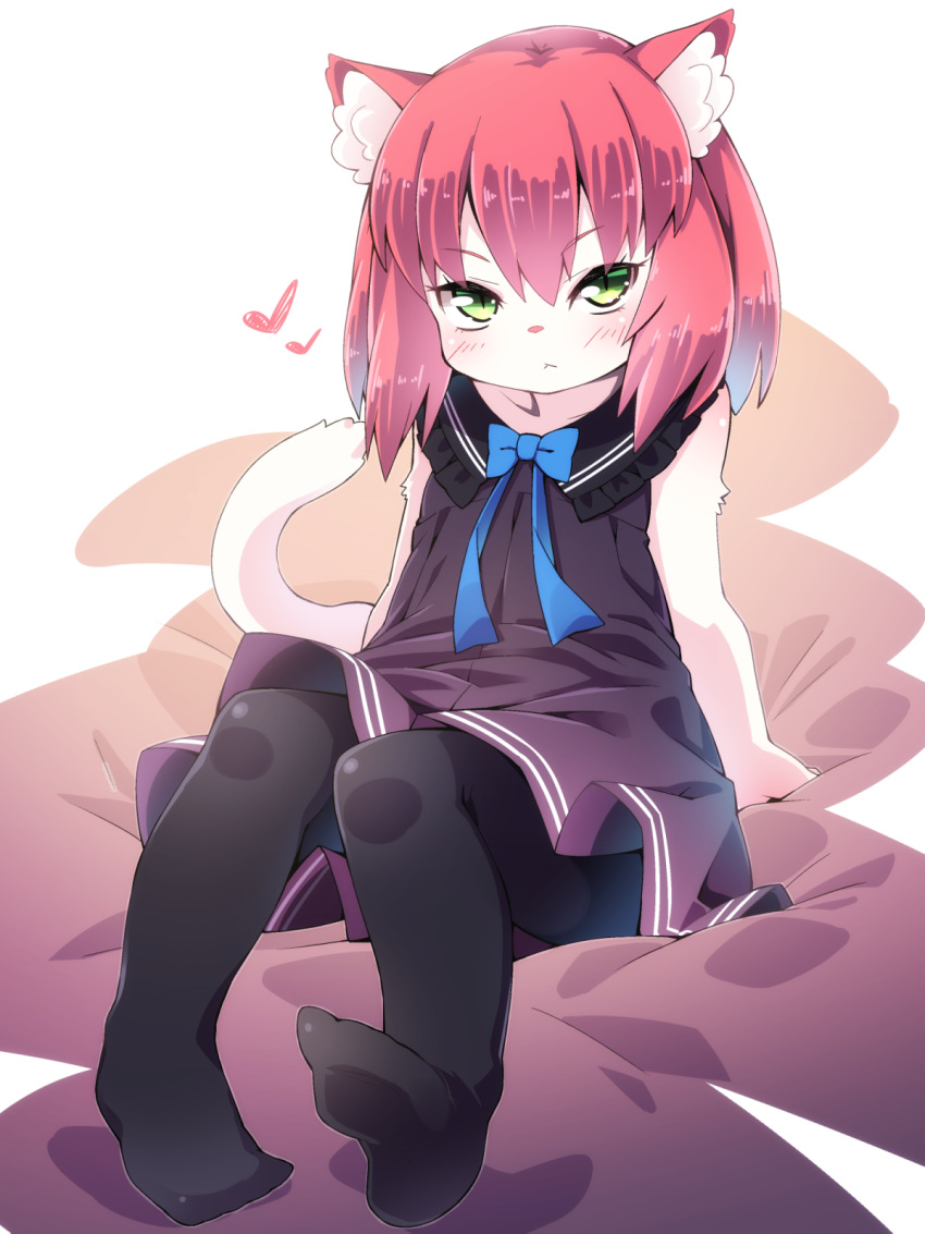 1girl, :<, animal_ears, black_dress, black_legwear, blush, brown_hair, cat_ears, dress, furry, green_eyes, heart, highres, original, short_hair, sitting, sleeveless, sleeveless_dress, solo, tail, thigh-highs, yuuki_(yuyuki000)