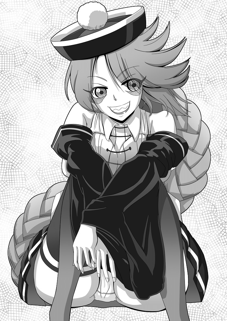 1girl, braid, cici_(monster_musume), detached_sleeves, eyebrows, eyebrows_visible_through_hair, eyes_visible_through_hair, greyscale