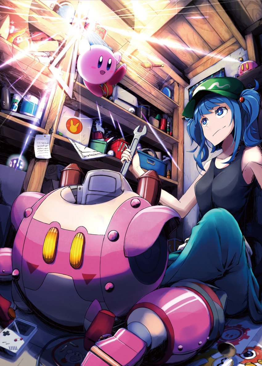 1girl, armpits, bare_arms, bare_shoulders, black_shirt, black_shoes, blue_eyes, blue_hair, bomb, boots, breasts, collarbone, drawing, floating, from_below, game_boy, hair_bobbles, hair_ornament, handheld_game_console, highres, indoors, kappa, kawashiro_nitori, kirby, kirby_(series), lens_flare, light, light_rays, long_hair, looking_at_another, medium_breasts, monokero, perspective, robot, robot_joints, rubber_boots, shelf, shirt, shoes, sitting, skull_print, smile, sword, tank_top, tools, touhou, twintails, two_side_up, weapon, wooden_wall, wrench
