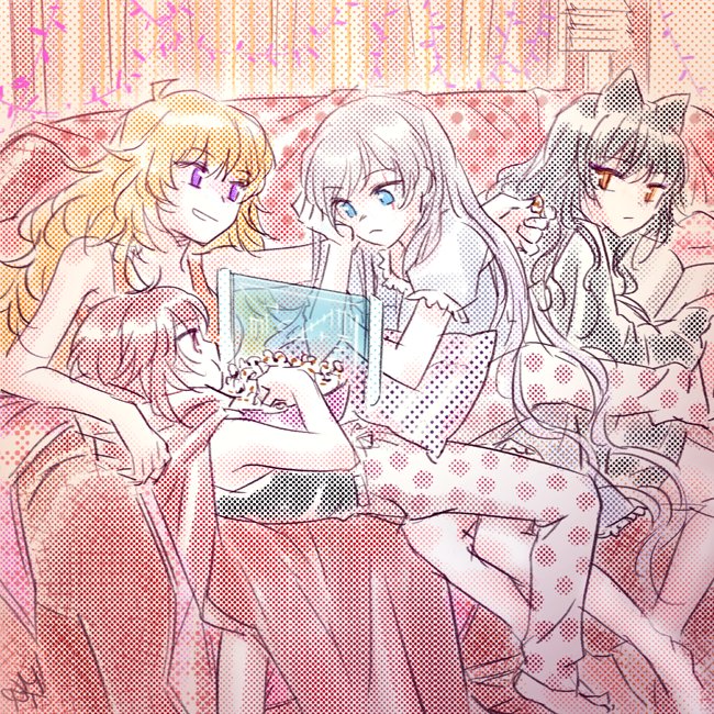 4girls, black_hair, blake_belladonna, blonde_hair, blue_eyes, brown_eyes, coach, curtains