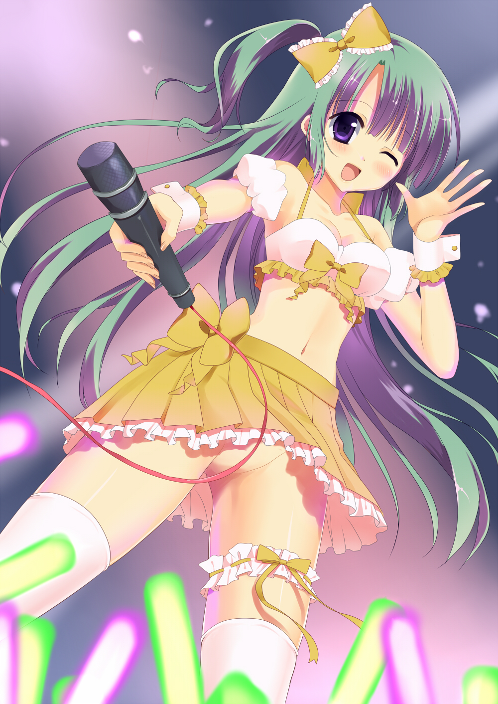 1girl, breasts, cleavage, convenient_censoring, from_below, green_hair, hair_ribbon, highres