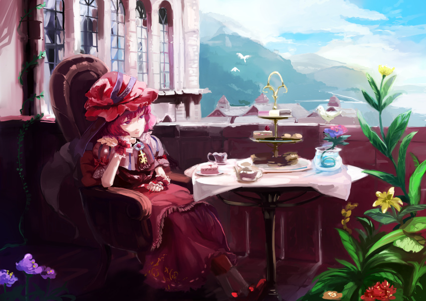 1girl, alternate_color, alternate_hair_color, bird, blue_sky, cake, chair, clouds, cross, cross_necklace, day, flower, food, hand_on_lap, hand_on_own_cheek, hat, hat_ribbon, jewelry, maroon_shirt, maroon_skirt, mob_cap, mountain, nail_polish, necklace, outdoors, pink_hair, plant, pot, potted_plant, puffy_short_sleeves, puffy_sleeves, red_nails, red_shoes, remilia_scarlet, ribbon, shoes, short_sleeves, sinzan, sitting, sky, solo, table, tablecloth, touhou, vines, violet_eyes, water, window, wrist_cuffs