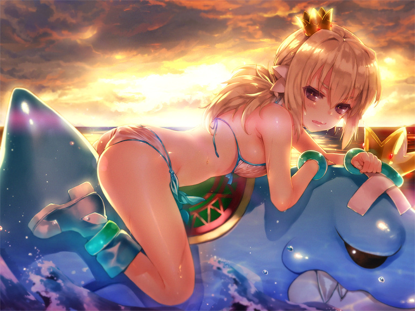1girl, ass, bangs, bare_shoulders, bikini, blonde_hair, blue_boots, blush