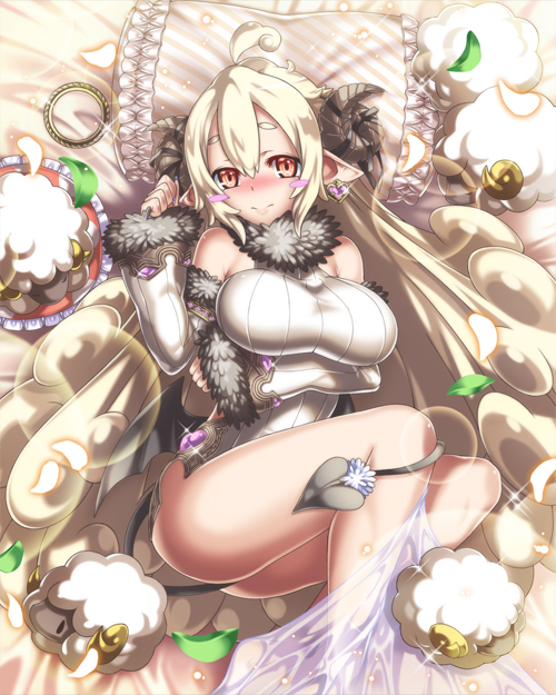 1girl, ahoge, akuma_no_norite_sareosu, animal_ears, bare_shoulders, blush, breasts, character_request, demon_tail, demon_wings, detached_sleeves, hm_(tolosalmon), horns, large_breasts, long_hair, lying, official_art, on_back, on_bed, original, sheep, sheep_ears, sheep_girl, sheep_horns, solo, stuffed_animal, stuffed_sheep, stuffed_toy, tail, thighs, wings