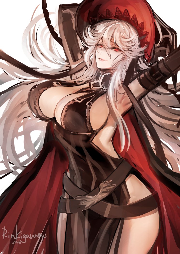 1girl, 2016, arms_up, artist_name, bangs, beltskirt, black_dress, black_hat