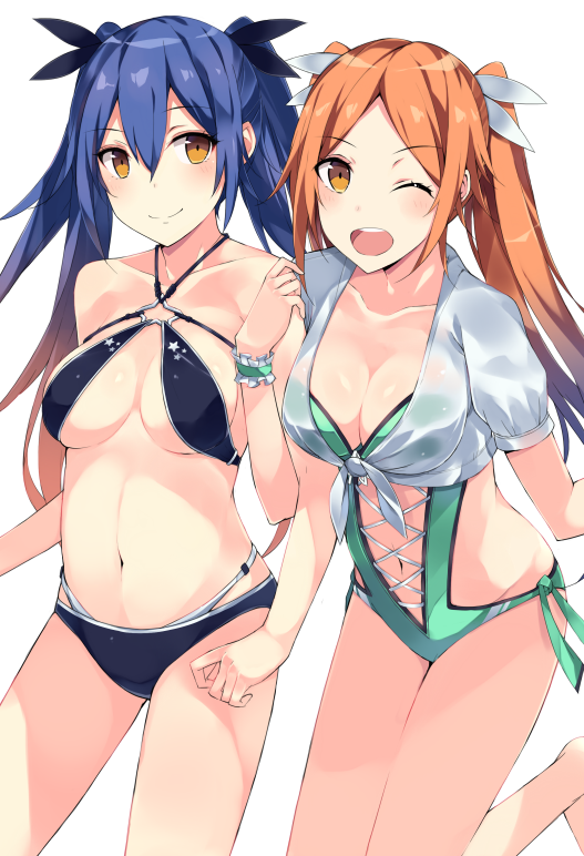 2girls, bikini, black_bikini, black_swimsuit, blue_hair, breasts, brown_hair, casual_one-piece_swimsuit