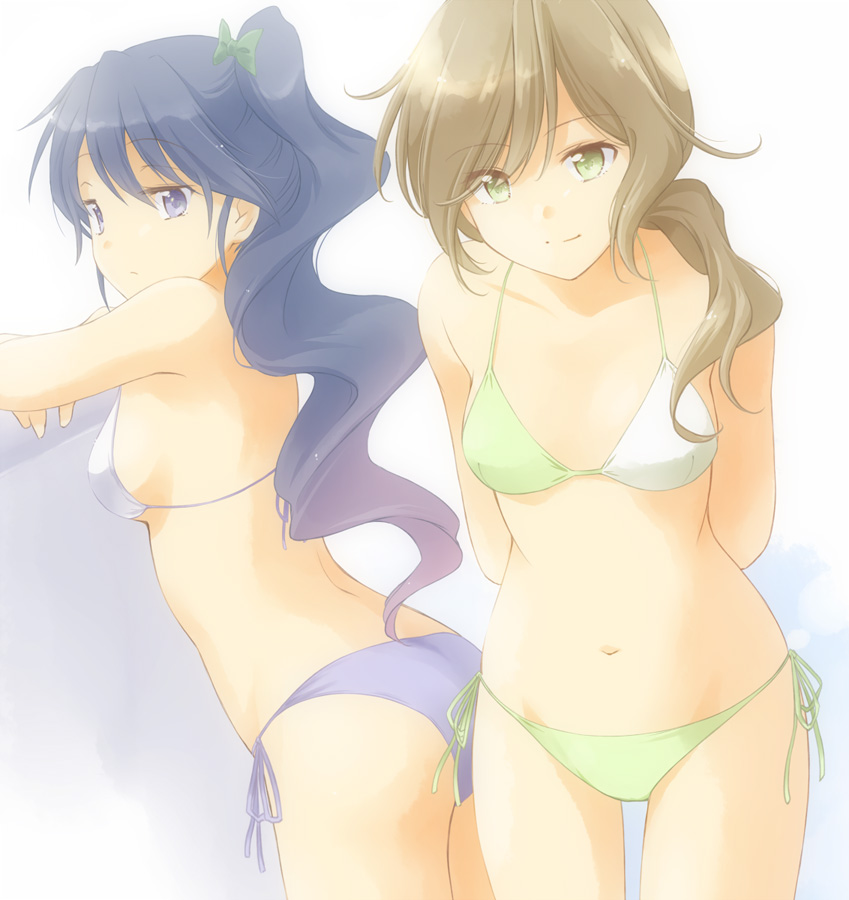 2girls, bikini, blue_bikini, blue_eyes, blue_hair, brown_hair, extra, green_eyes