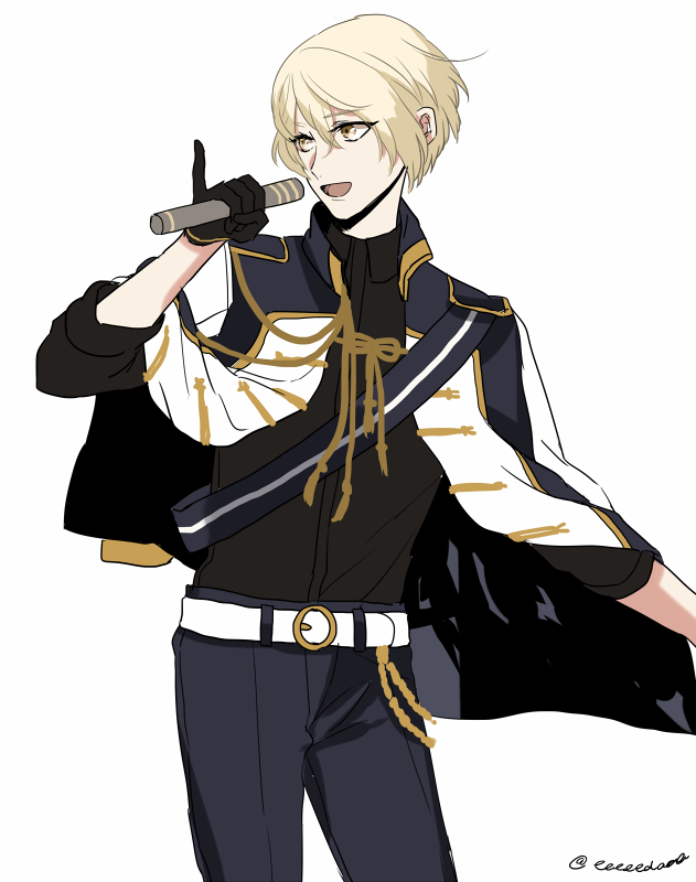 1boy, belt, blonde_hair, cosplay, ensemble_stars!, eyebrows, eyebrows_visible_through_hair, higekiri_(touken_ranbu), idol, jacket_on_shoulders, knights_(ensemble_stars!), male_focus, microphone, music, open_mouth, pinky_out, sash, simple_background, singing, touken_ranbu, white_background, yellow_eyes