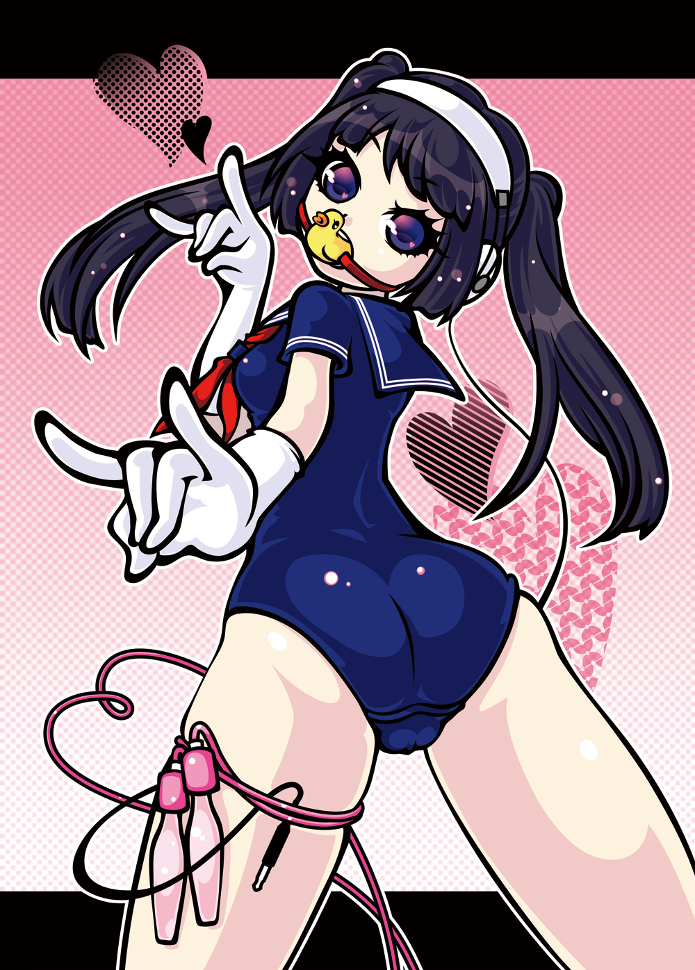 1girl, \m/, ass, ball_gag, black_hair, blue_eyes, breasts, cable, from_behind, gag, gagged, gloves, head_tilt, headphones, heart, highres, jump_rope, kiriku_(ele6c), kuchikase_shoujo_moira-chan, looking_back, one-piece_swimsuit, original, rubber_duck, school_swimsuit, small_breasts, solo, swimsuit, white_gloves