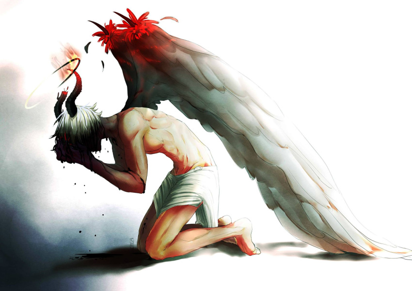 1boy, angel, angel_wings, blood, bloody_tears, broken_horn, demon_horns, dreamy94