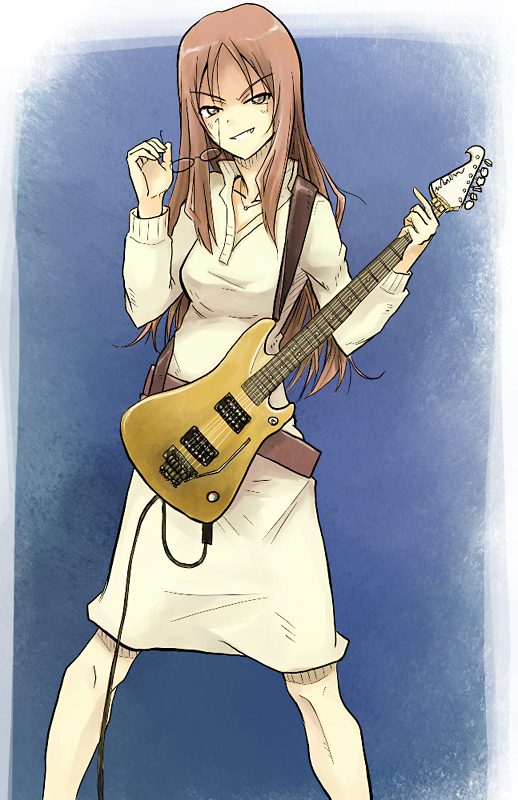 bass_guitar, brown_hair, dress, glasses, guitar, instrument, k-on!, long_hair
