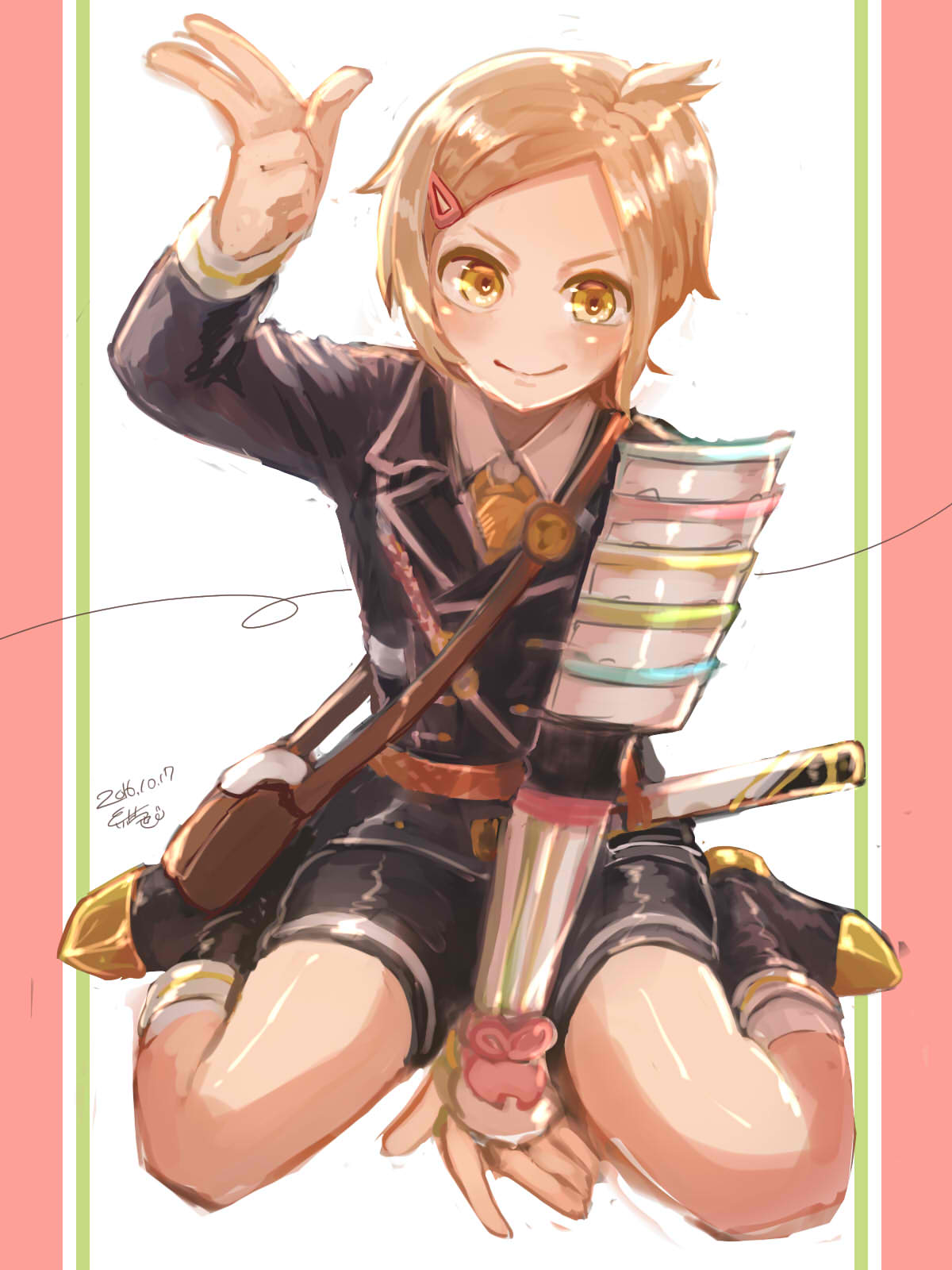 1boy, 2016, arm_support, armor, blush, brown_eyes, brown_hair, closed_mouth