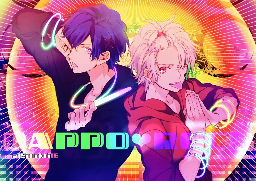 2boys, barcode, blue_eyes, blue_hair, bracelet, dapo_rock_(vocaloid), glowstick, hair_ornament