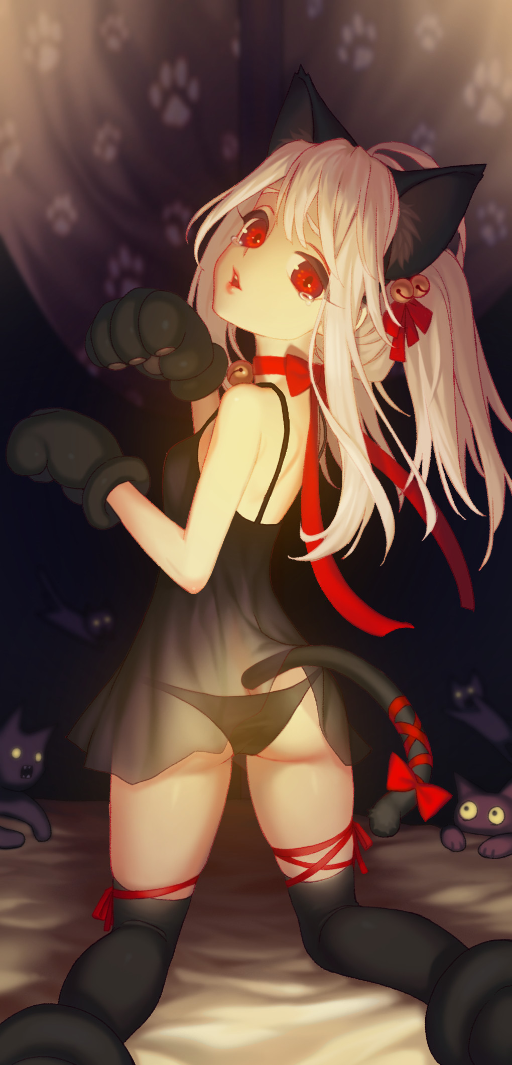 ahoge, alternate_hairstyle, animal, animal_ears, babydoll, bangs, bare_shoulders, bed_sheet, bell, black_panties, bow, cat, cat_ears, cat_tail, chemise, choker, ebzmahs0192, fate/kaleid_liner_prisma_illya, fate_(series), from_behind, gloves, hair_ribbon, highres, illyasviel_von_einzbern, jingle_bell, kneeling, leg_ribbon, lingerie, long_hair, looking_at_viewer, on_bed, open_mouth, panties, paw_gloves, pink_lips, red_bow, red_eyes, red_ribbon, ribbon, ribbon_choker, sidelocks, tail, tail_bow, tearing_up, teeth, twintails, underwear
