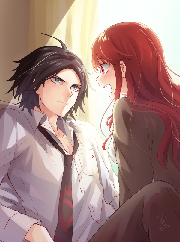 >:|, 1boy, 1girl, :d, ahoge, annoyed, bangs, black_hair