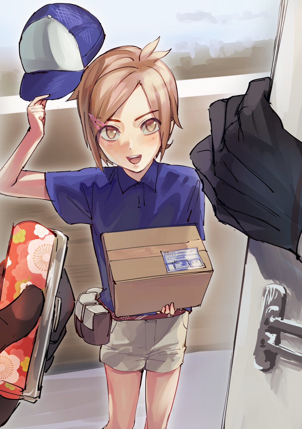 1boy, bangs, baseball_cap, black_gloves, box, brown_eyes, brown_hair, delivery