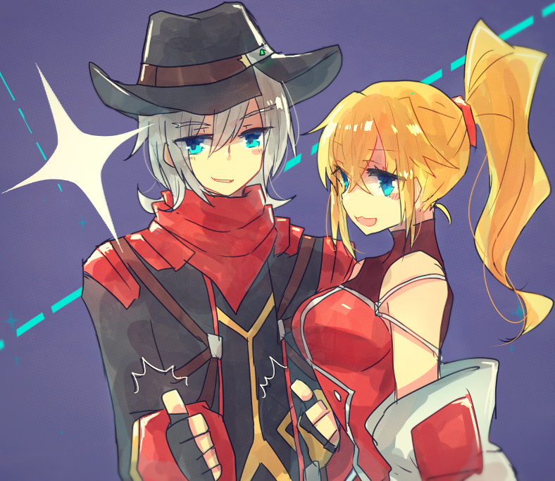 1boy, 1girl, :3, :d, blonde_hair, blue_eyes, blush, excellen_browning