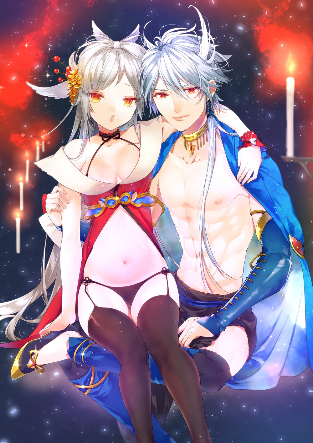1boy, 1girl, arm_around_shoulder, black_legwear, black_panties, blue_cape, bow, breasts, candle, cape, cleavage, crossed_legs, hair_bow, hair_ornament, highres, kinji_(staminazuke), latias, latios, looking_at_viewer, midriff, muscle, navel, panties, parted_lips, personification, pokemon, red_eyes, silver_hair, sitting, thigh-highs, underwear, white_hair