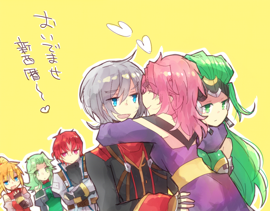 2boys, 4girls, aschen_brodel, axel_almer, blonde_hair, blue_eyes, crossed_arms, excellen_browning