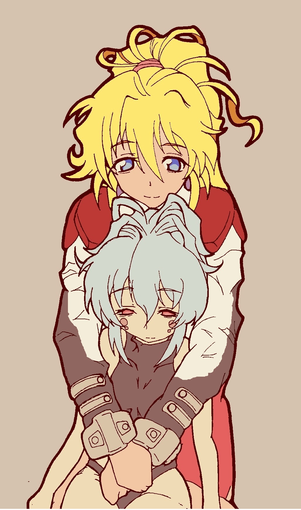 2girls, alfimi, artist_request, blonde_hair, blue_eyes, blue_hair, bodysuit, earrings