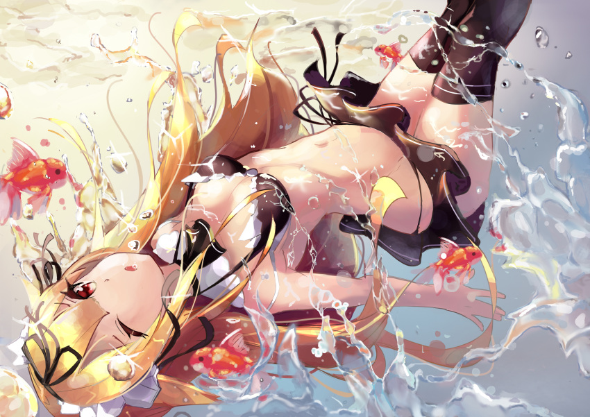 1girl, absurdres, alternate_costume, bikini, bikini_skirt, black_bikini, black_legwear, blonde_hair