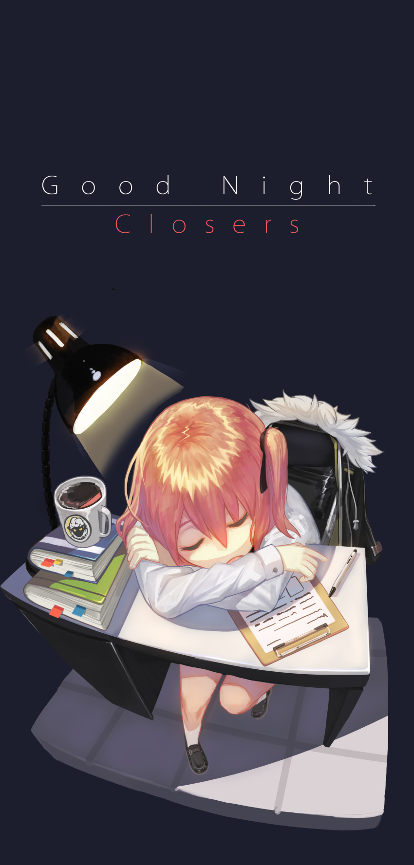 1girl, absurdres, black_jacket, black_ribbon, black_shoes, book_stack, bookmark, chair