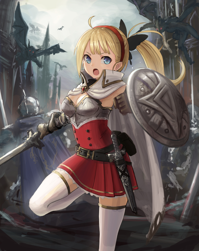 1boy, 1girl, ahoge, blonde_hair, blue_cape, blue_eyes, brown_gloves, cape
