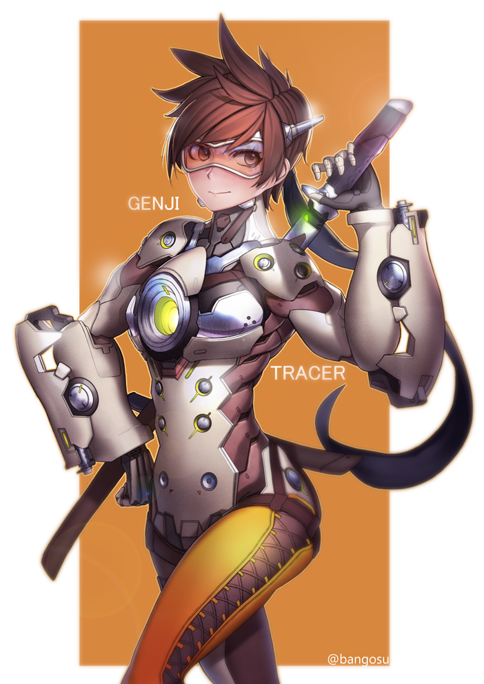 1girl, armor, bangosu, bangs, bodysuit, breasts, brown_eyes, brown_hair