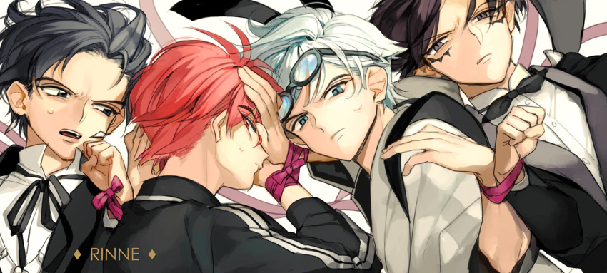 4boys, back, bangs, black_eyes, black_hair, black_jacket, black_ribbon, black_wings