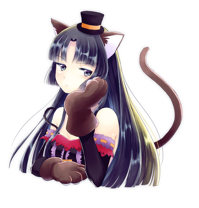 1girl, animal_ears, bangs, bare_shoulders, black_eyes, black_hair, breasts, cat_ears, cat_tail, closed_mouth, eyebrows, eyebrows_visible_through_hair, eyelashes, frills, frown, gloves, hand_on_own_cheek, hat, head_rest, kyou_(karankoron), kyoukai_no_rinne, lace_trim, long_hair, looking_at_viewer, mini_hat, parted_bangs, paw_gloves, ribbon_trim, shima_renge, simple_background, small_breasts, solo, strap_slip, tail, upper_body, white_background