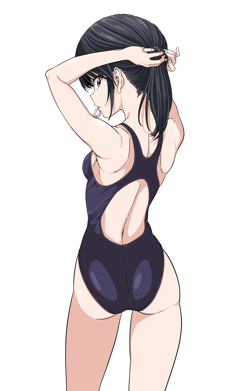 1girl, adjusting_hair, ashisu_sahoto, ass, black_hair, breasts, brown_eyes, competition_swimsuit