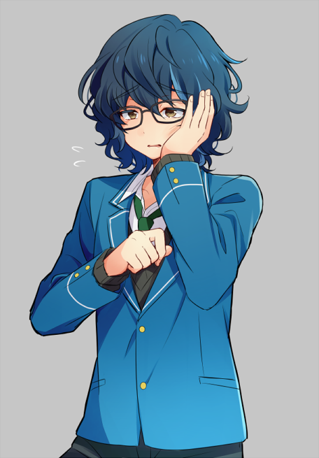 1boy, aoba_tsumugi, blazer, blue_hair, blush, brown_eyes, ensemble_stars!, glasses