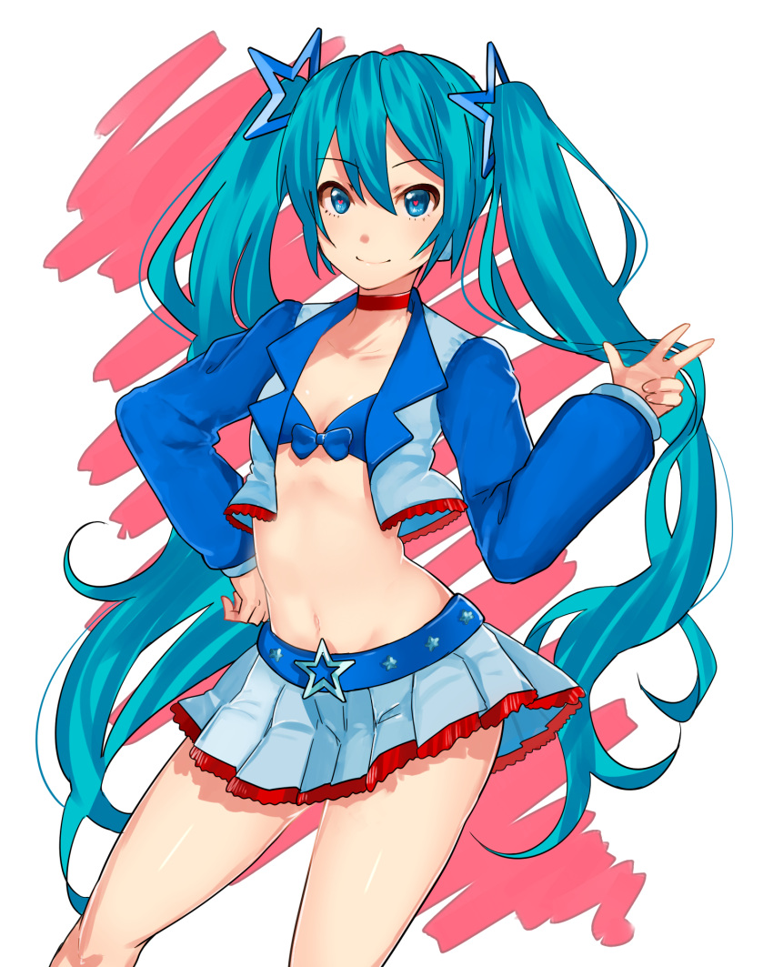 1girl, aqua_eyes, aqua_hair, choker, hand_on_hip, hatsune_miku, highres, long_hair