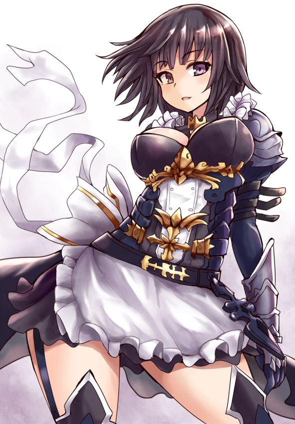 1girl, armor, black_hair, bow, breasts, erika_(shadowverse), female, garter_straps