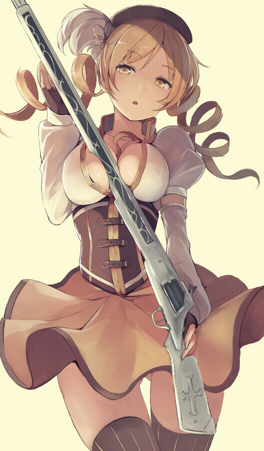 1girl, beret, between_breasts, blonde_hair, breasts, cleavage, corset, detached_sleeves