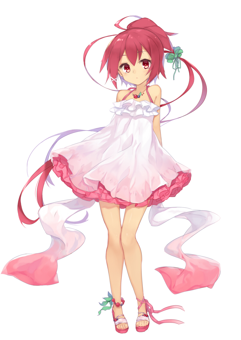 1girl, ahoge, ankle_ribbon, anklet, arms_behind_back, bare_legs, bare_shoulders, blush, dress, frilled_dress, frills, hair_ribbon, hukasikasi, i-168_(kantai_collection), jewelry, kantai_collection, long_hair, looking_at_viewer, necklace, ponytail, redhead, ribbon, sandals, solo, standing, very_long_hair, white_dress