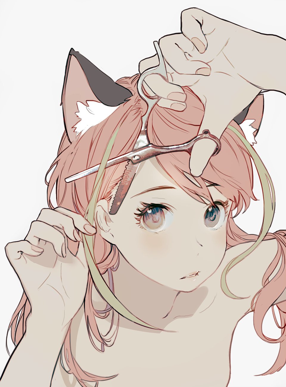 1girl, animal_ears, blue_eyes, cat_ears, dlsso21, hashimoto_nyaa, highres, long_hair, multicolored_hair, osomatsu-san, pink_hair, scissors, streaked_hair