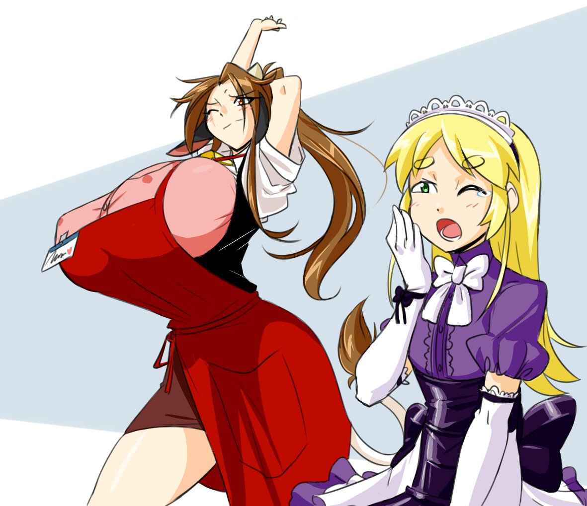 2girls, animal_ears, bell, bell_collar, breasts, brown_eyes, brown_hair, chestnut_mouth