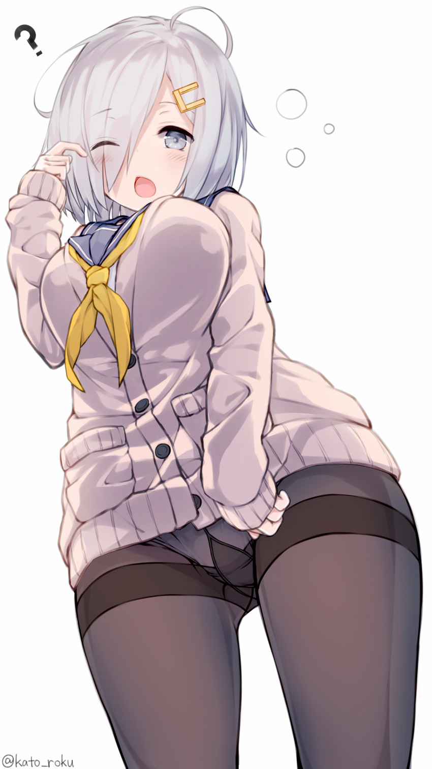1girl, absurdres, ass_visible_through_thighs, blue_eyes, blush, breasts, brown_legwear, cardigan
