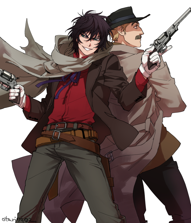 2boys, black_hair, blonde_hair, butch_cassidy, drifters, dual_wielding, facial_hair, gloves