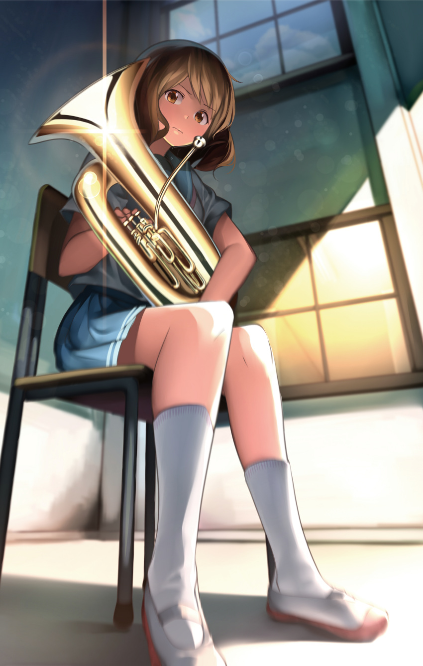 1girl, absurdres, brown_eyes, brown_hair, chair, dripping, from_below, gochiwa