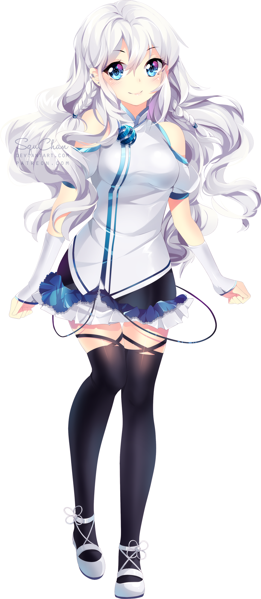1girl, bangs, bare_shoulders, black_legwear, blue_eyes, braid, breasts, closed_mouth