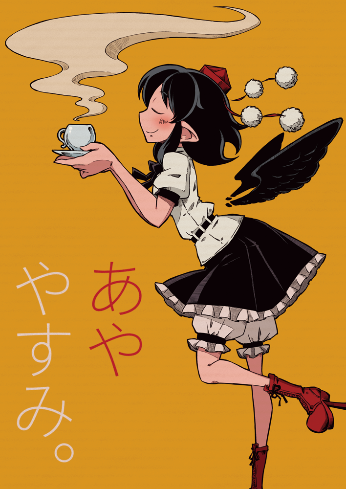 1girl, cup, hat, orange_background, shameimaru_aya, solo, sonson_(eleven), steam