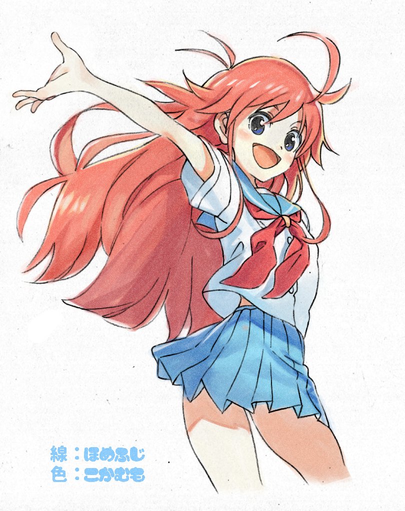 arm_up, blue_eyes, flip_flappers, kokaki_mumose, long_hair, open_mouth, orange_hair, papika_(flip_flappers)