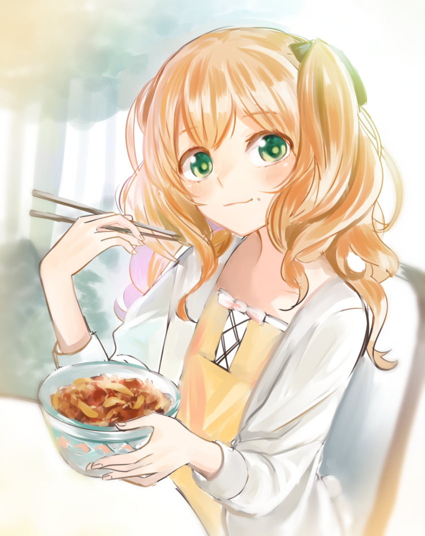1boy, blush, brown_hair, chopsticks, crossdressinging, food, food_on_face, green_eyes